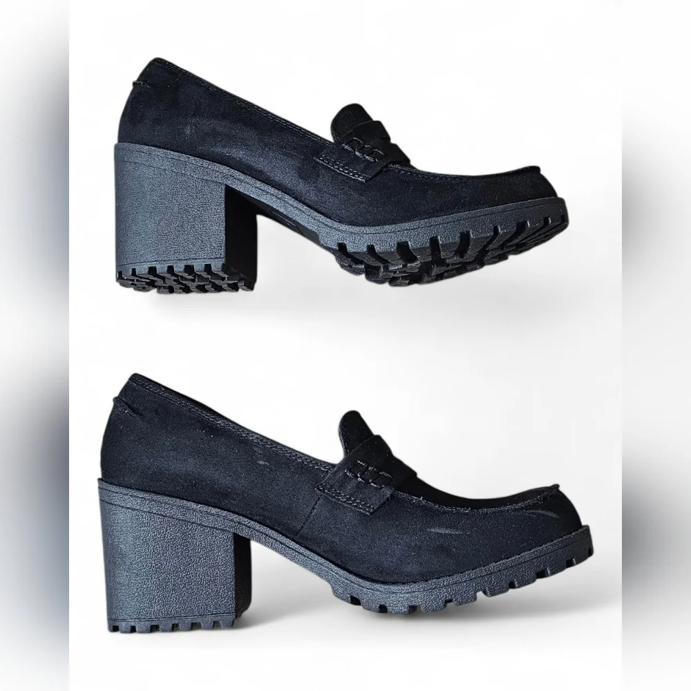 Sun + Stone Women’s Black Suede Block Heel Loafers Size 9